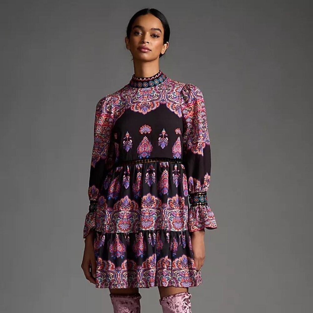 Anthropologie Tiered Mix-Print Beaded Pink Black Paisley Dress